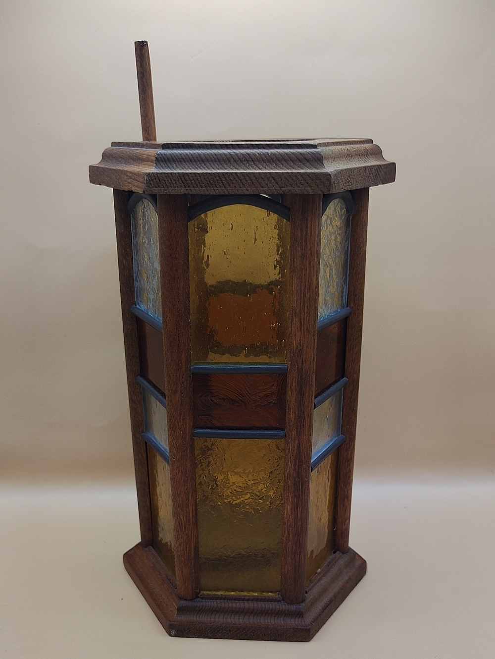 Vintage 1970's Wooden Hexagon Stained Glass Lifting Lantern - Amber